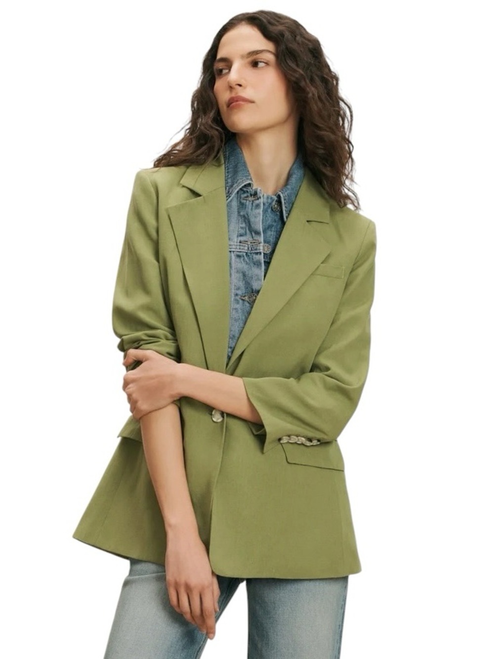 VERONICA BEARD McGowan Dickey Linen Blazer in Cactus Green Single-Button Jacket